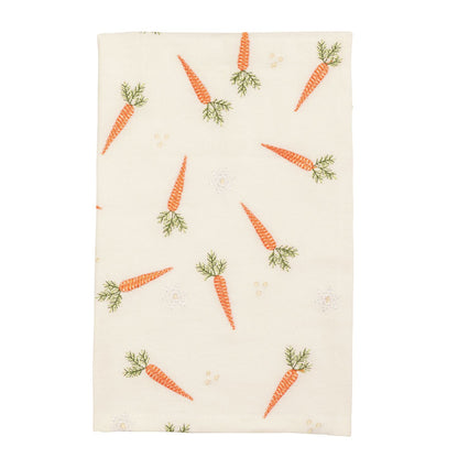cream towel with scattered carrots embroidered on it