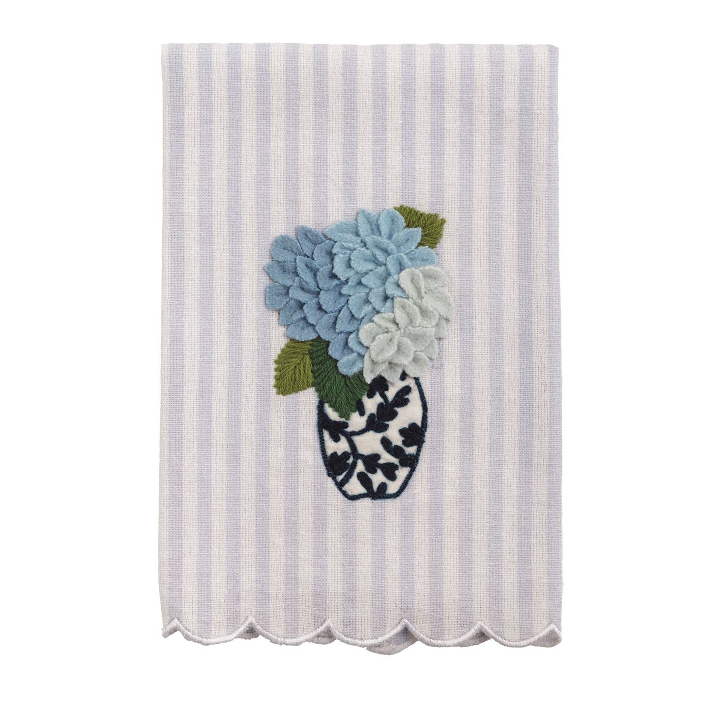 Striped tea towel with a floral design in the center and scalloped hem