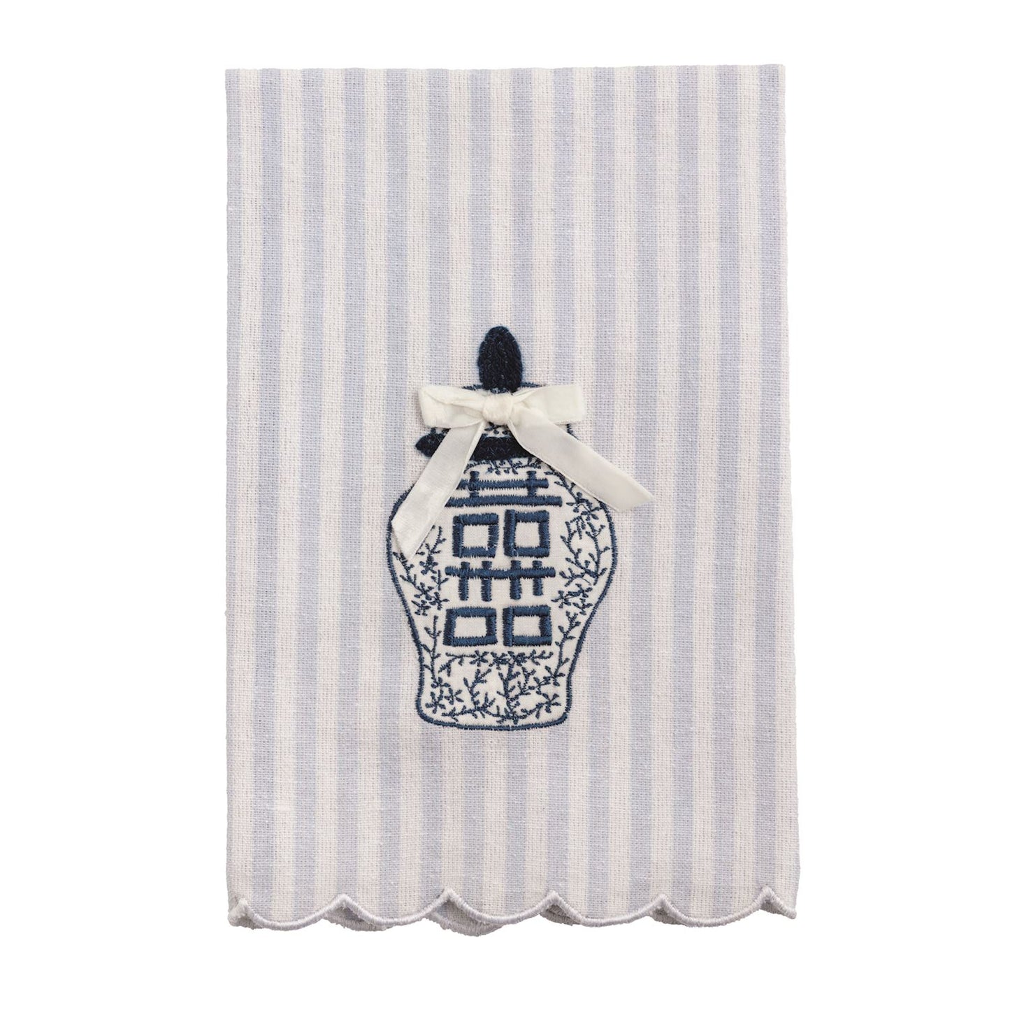 Decorative tea towel with a blue and white striped pattern and an embroidered ginger jar design.