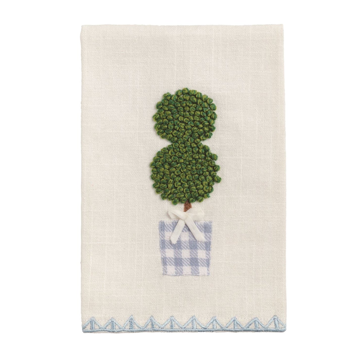 Decorative tea towel with a green topiary design and blue checkered pot on a white background