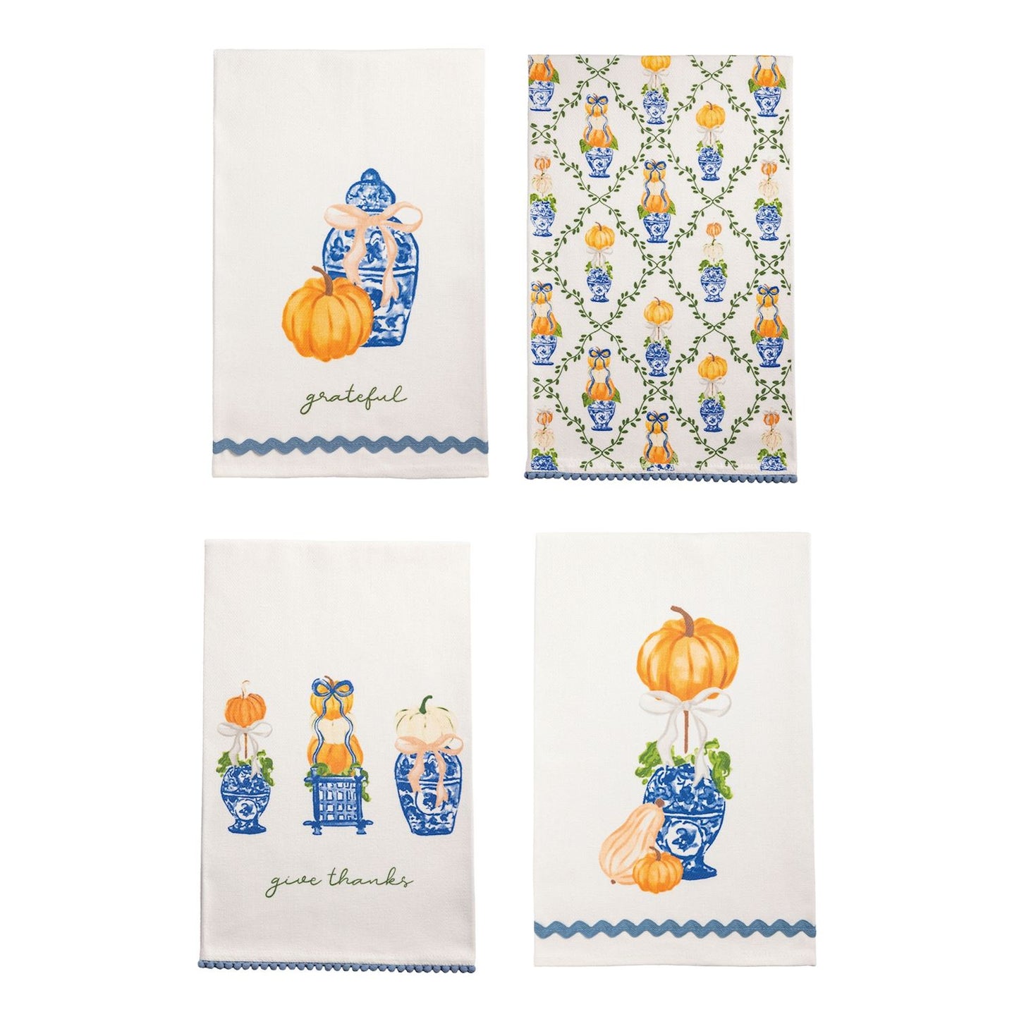 4 assorted tea towels with pumpkin topiary designs shown on a white background