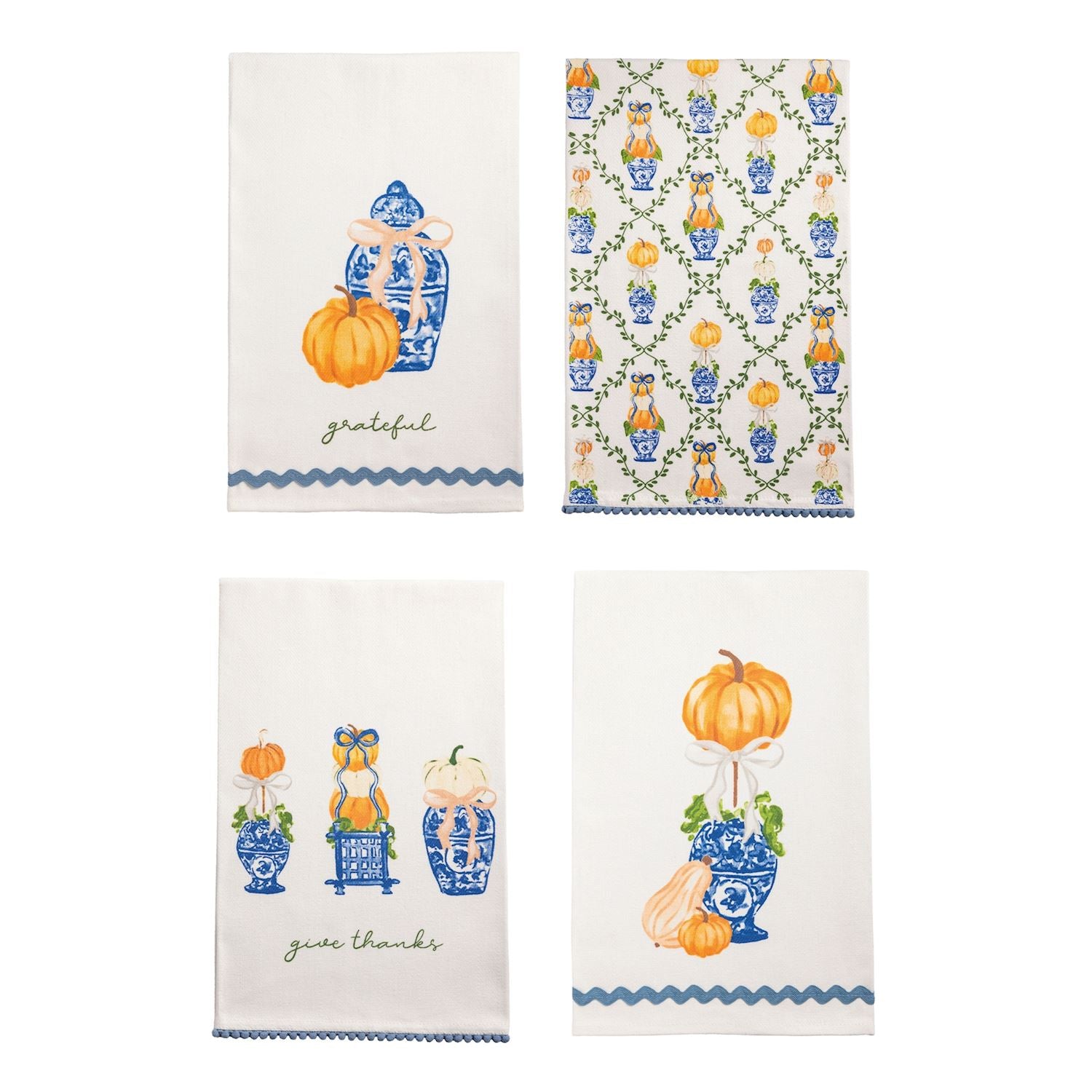 4 assorted tea towels with pumpkin topiary designs shown on a white background