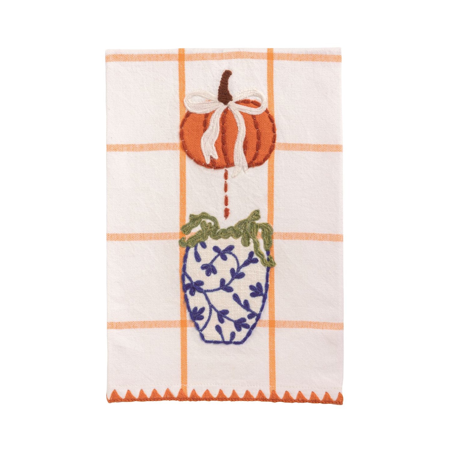 Decorative towel with a pumpkin and vase design on a white background