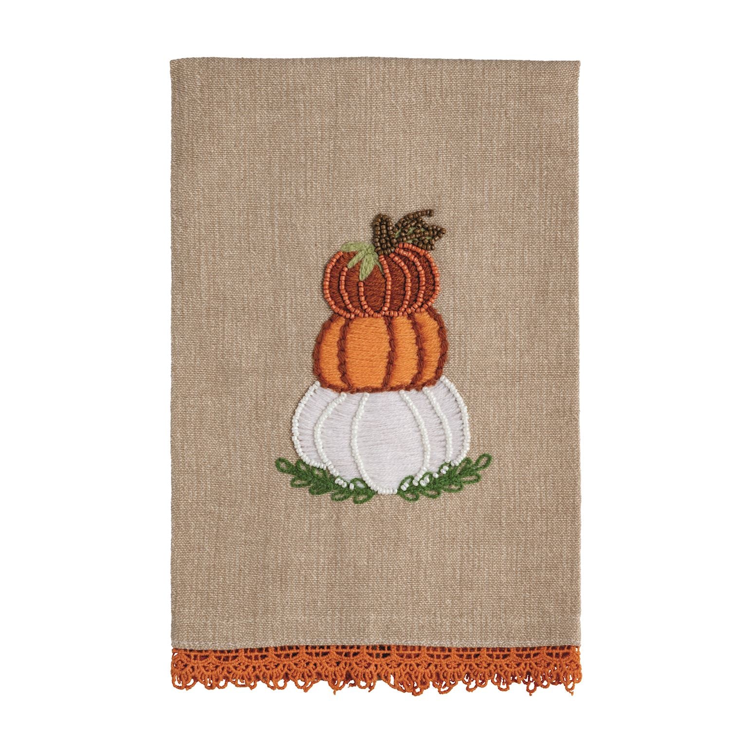 Decorative towel with embroidered pumpkins on a beige background