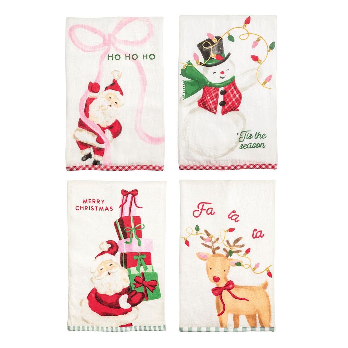 4 assorted whimsical christmas tea towels shown on a white background