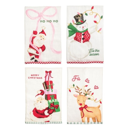 4 assorted whimsical christmas tea towels shown on a white background