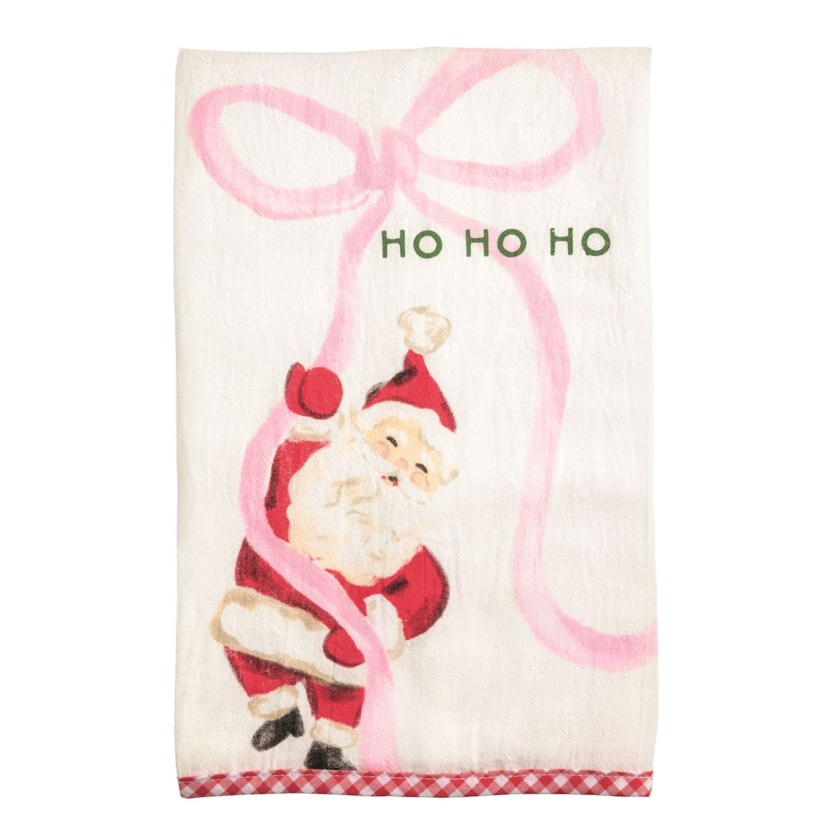 Whimsy Christmas Towel printed with playful image of santa holding a large pink bow and 'ho ho ho' at the top