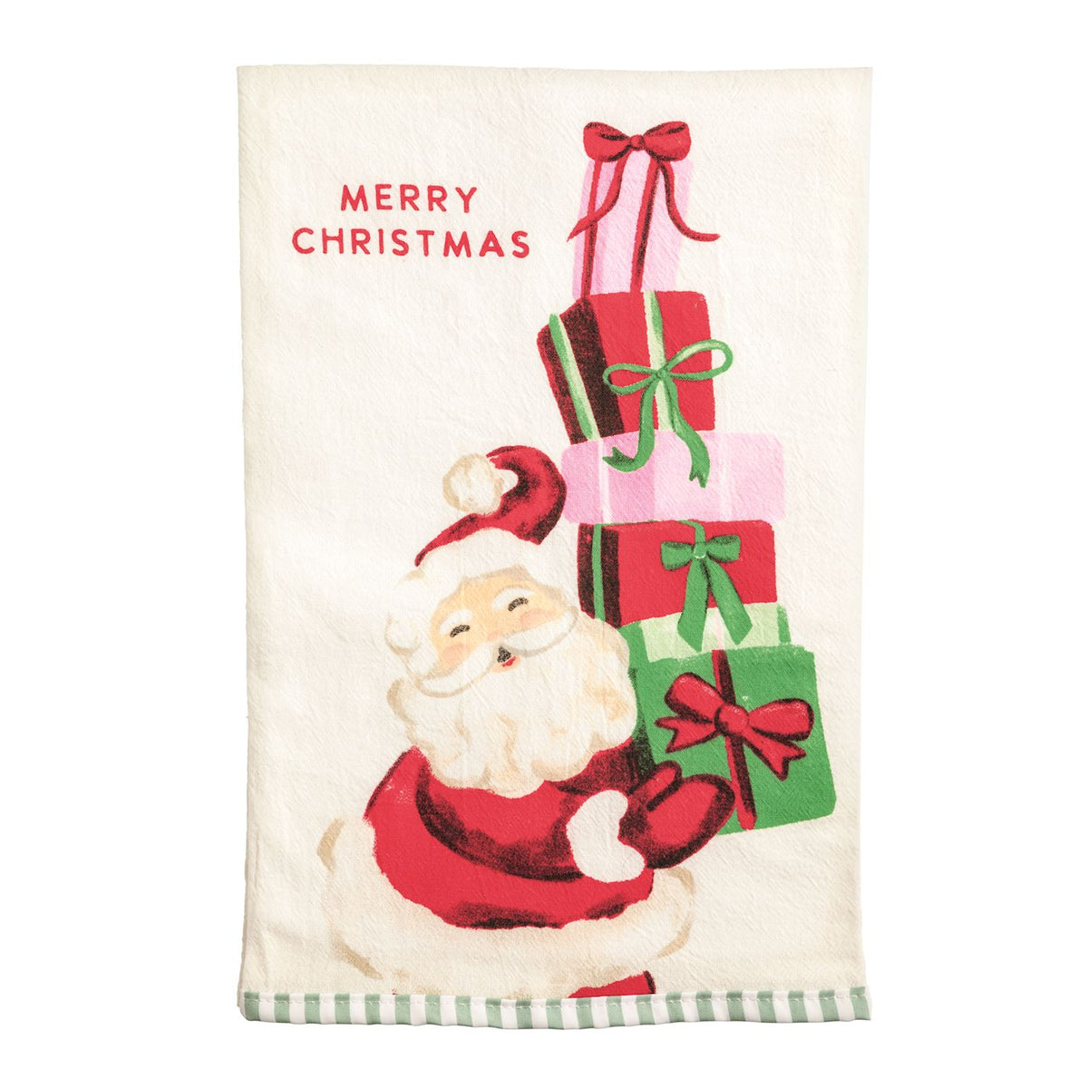 Whimsy Christmas Towel printed with playful image of santa holding a stack of gifts and 'merry christmas' at the top