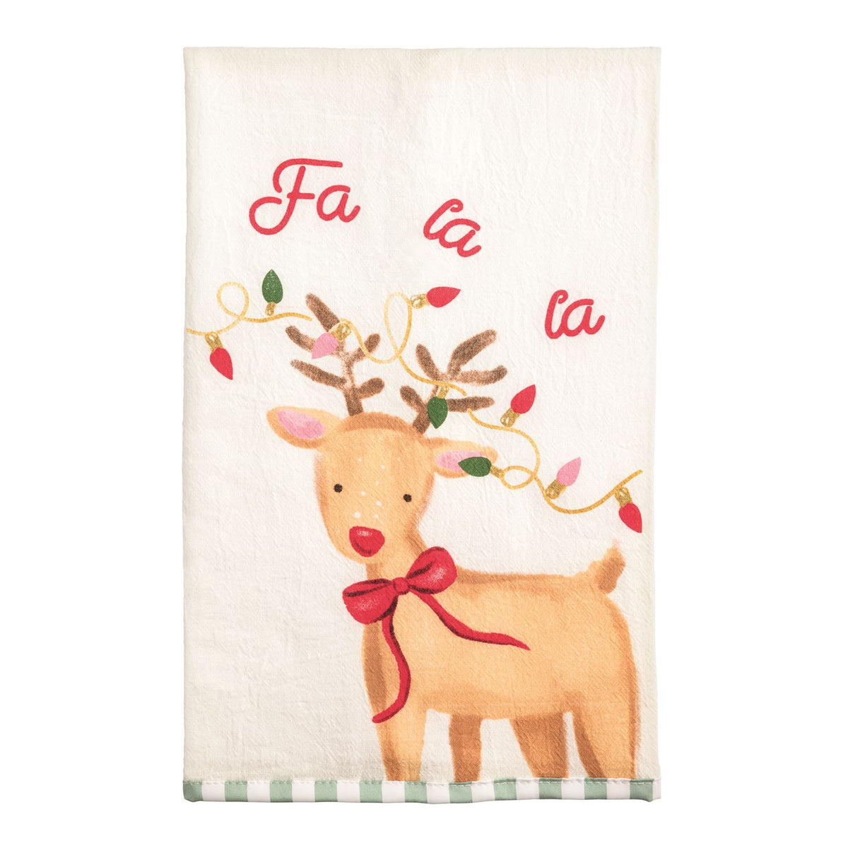 Whimsy Christmas Towel printed with playful image of a reindeer with christmas lights in his antlers and "fa la la" across the top