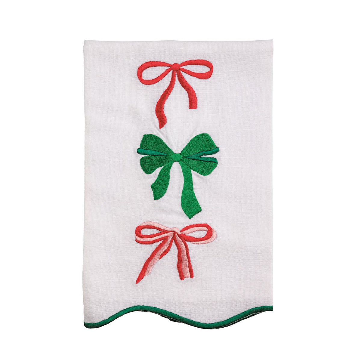 White towel with red and green bows on a white background