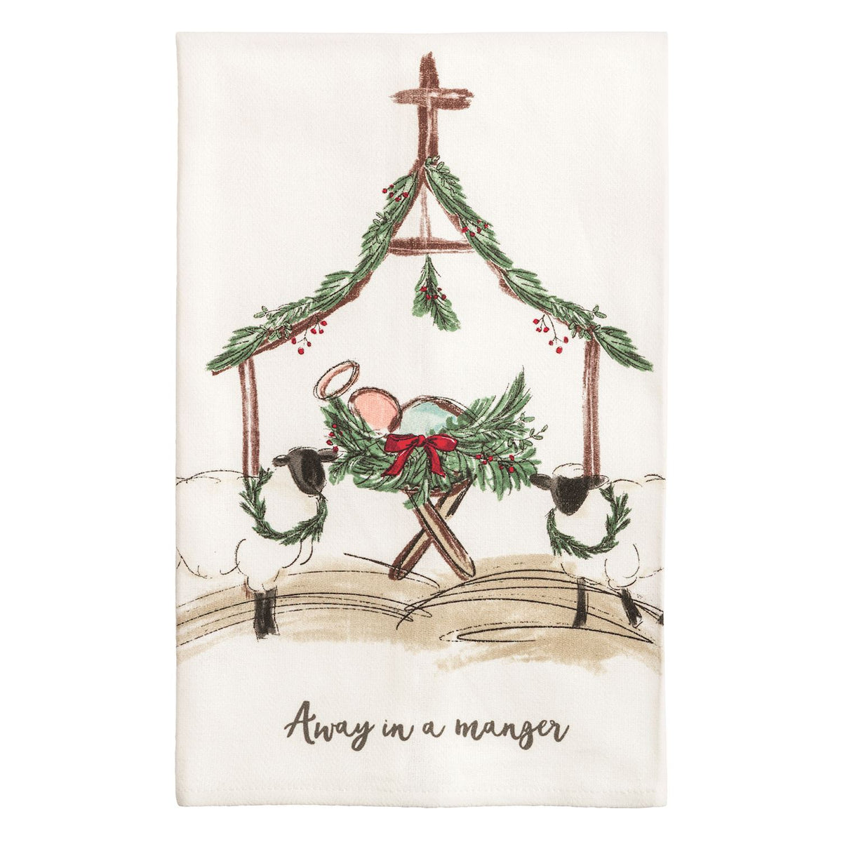 white towel printed with image of baby jesus in a manger with lambs on each side and a cross above