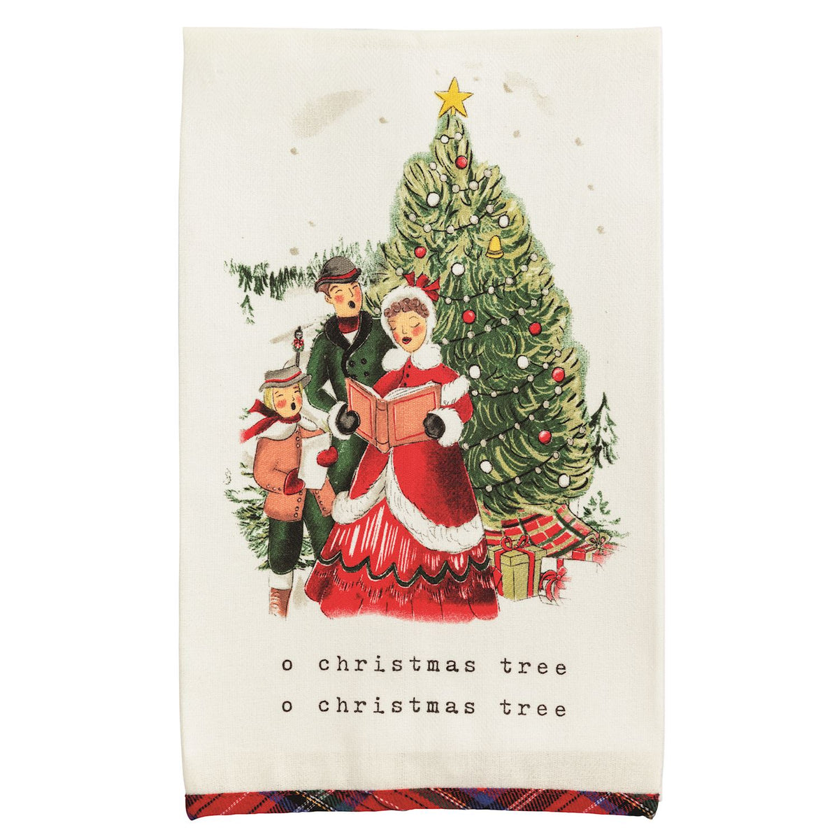 Vintage-style Christmas towel with a design of a family by a Christmas tree and the text 'o christmas tree o christmas tree'.