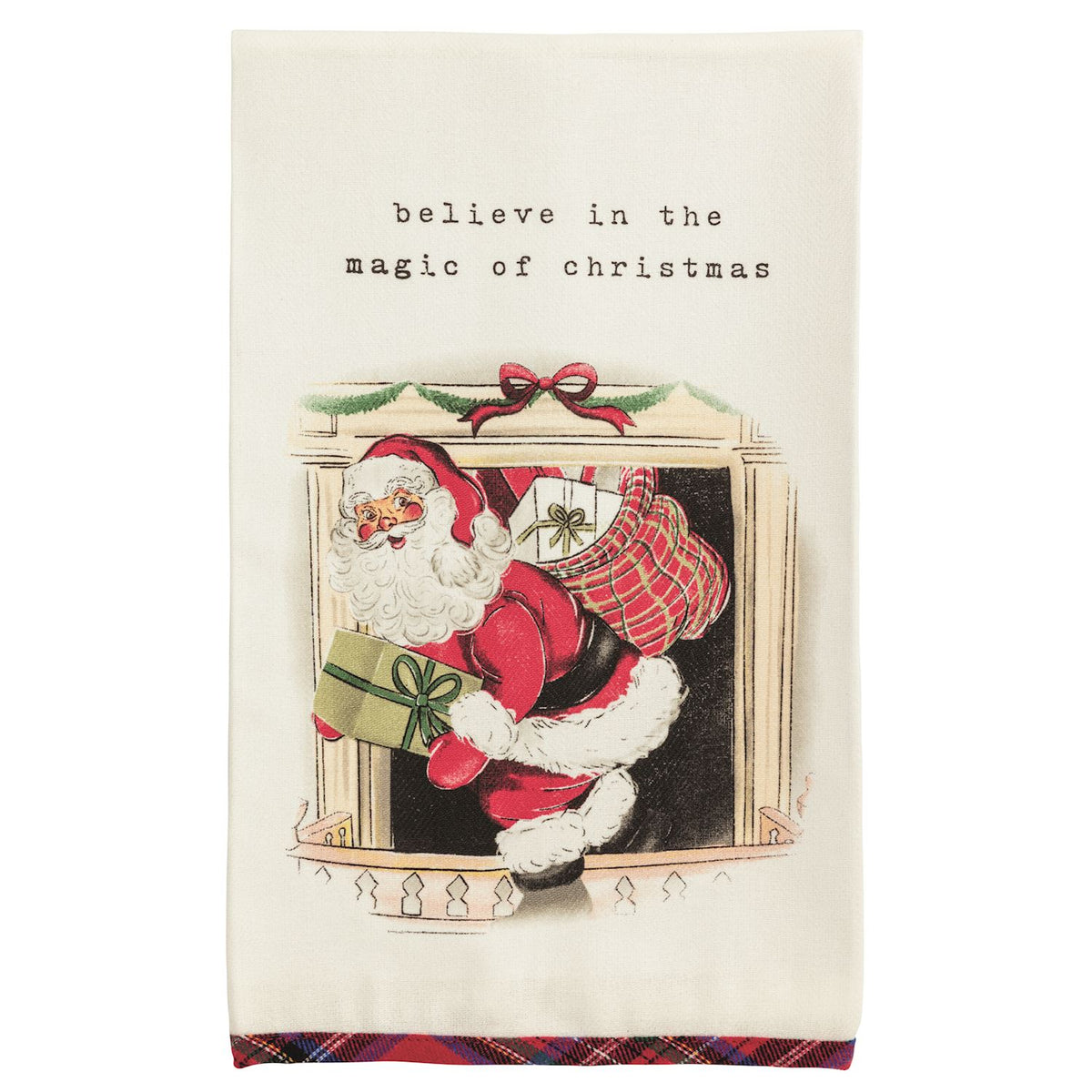 Vintage-style Christmas card with Santa Claus coming out of a fireplace and text 'believe in the magic of Christmas' on a white background.