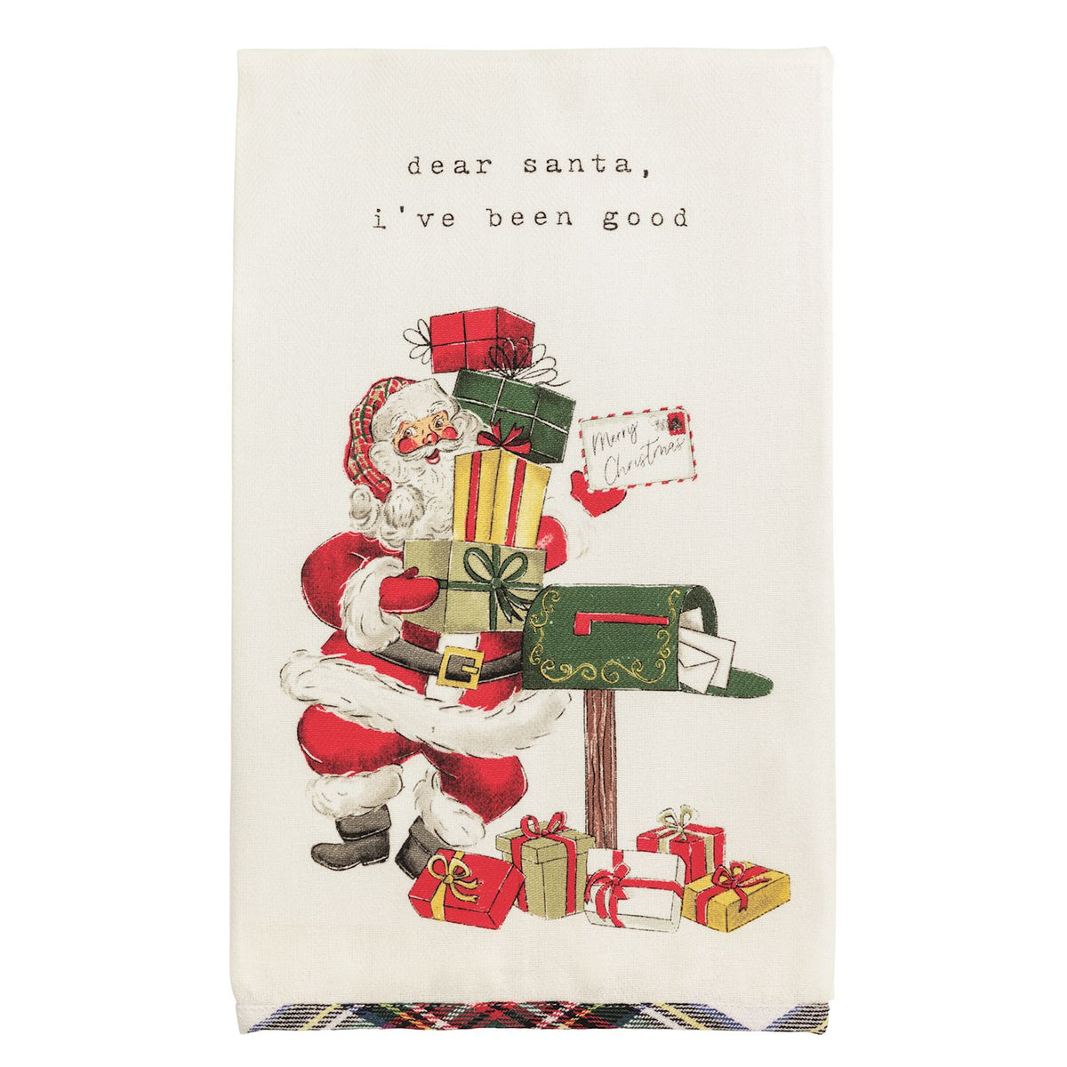 Vintage-style Christmas card with Santa Claus holding gifts standing next to a mailbox, featuring text 'Dear Santa, I've been good'.