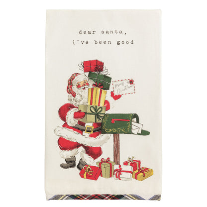 Vintage-style Christmas card with Santa Claus holding gifts standing next to a mailbox, featuring text 'Dear Santa, I've been good'.