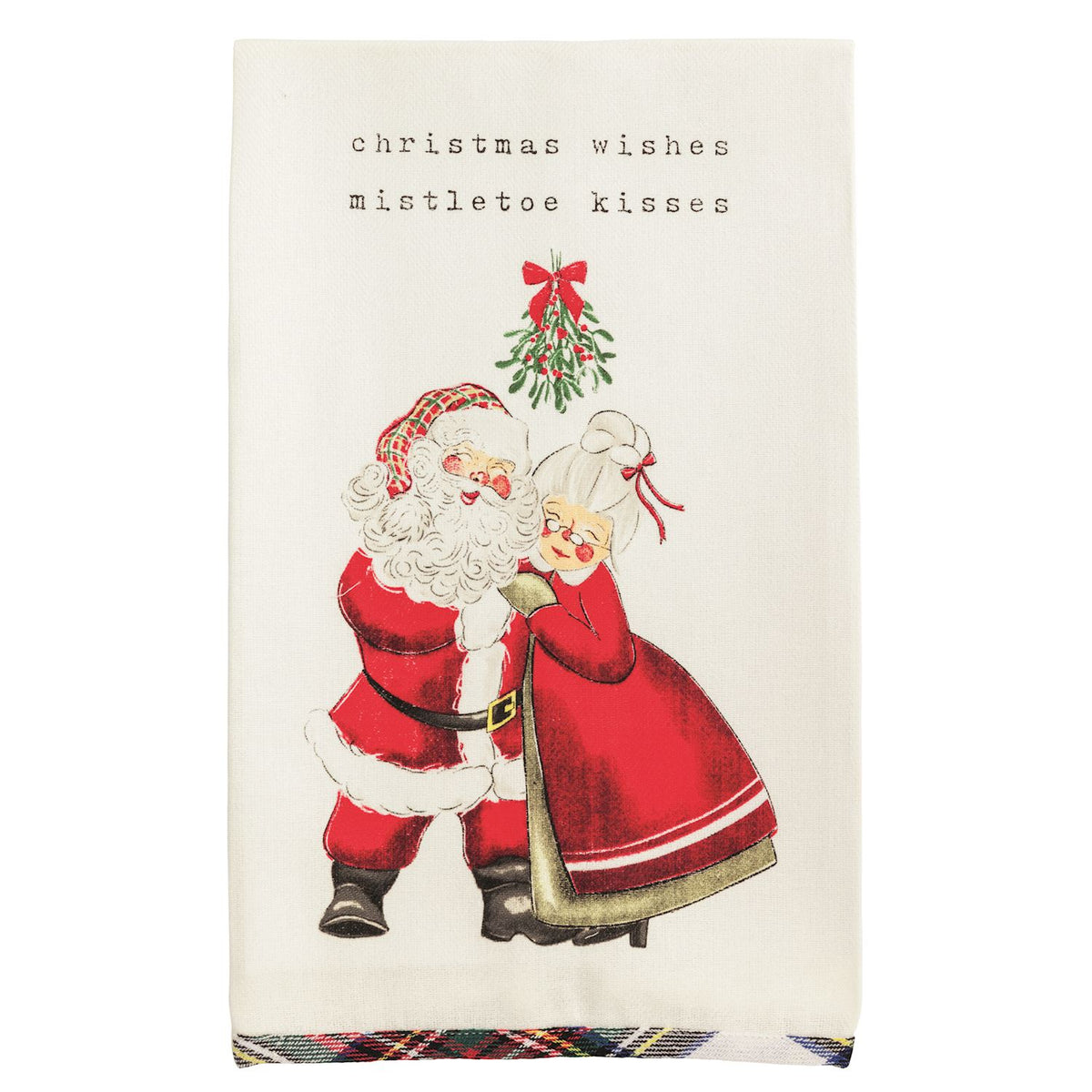 Vintage-style Christmas card with Santa Claus and mrs Claus hugging under mistletoe, text 'Christmas wishes mistletoe kisses' on a white background.