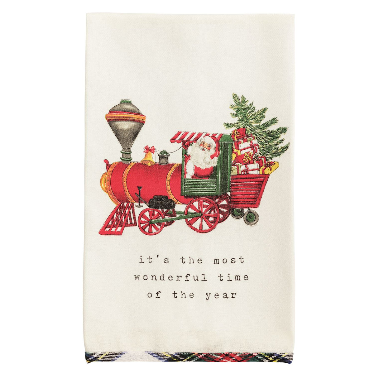 Christmas-themed towel with Santa Claus in a holiday train and 'it's the most wonderful time of the year' text.