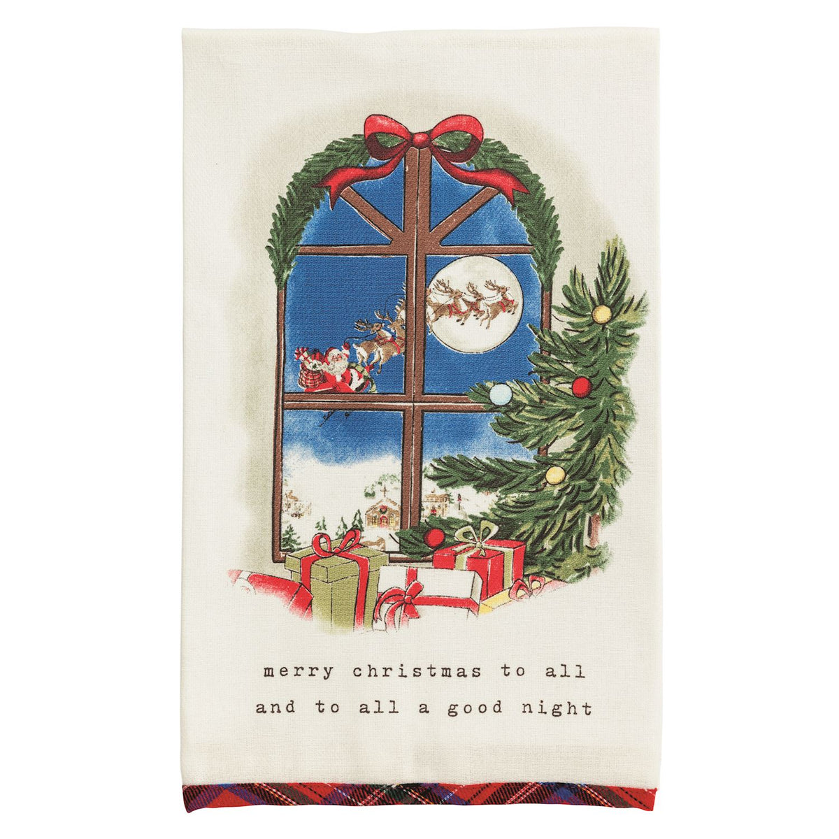 Christmas-themed towel with Santa Claus, reindeer, and Christmas tree seen through a decorated window.