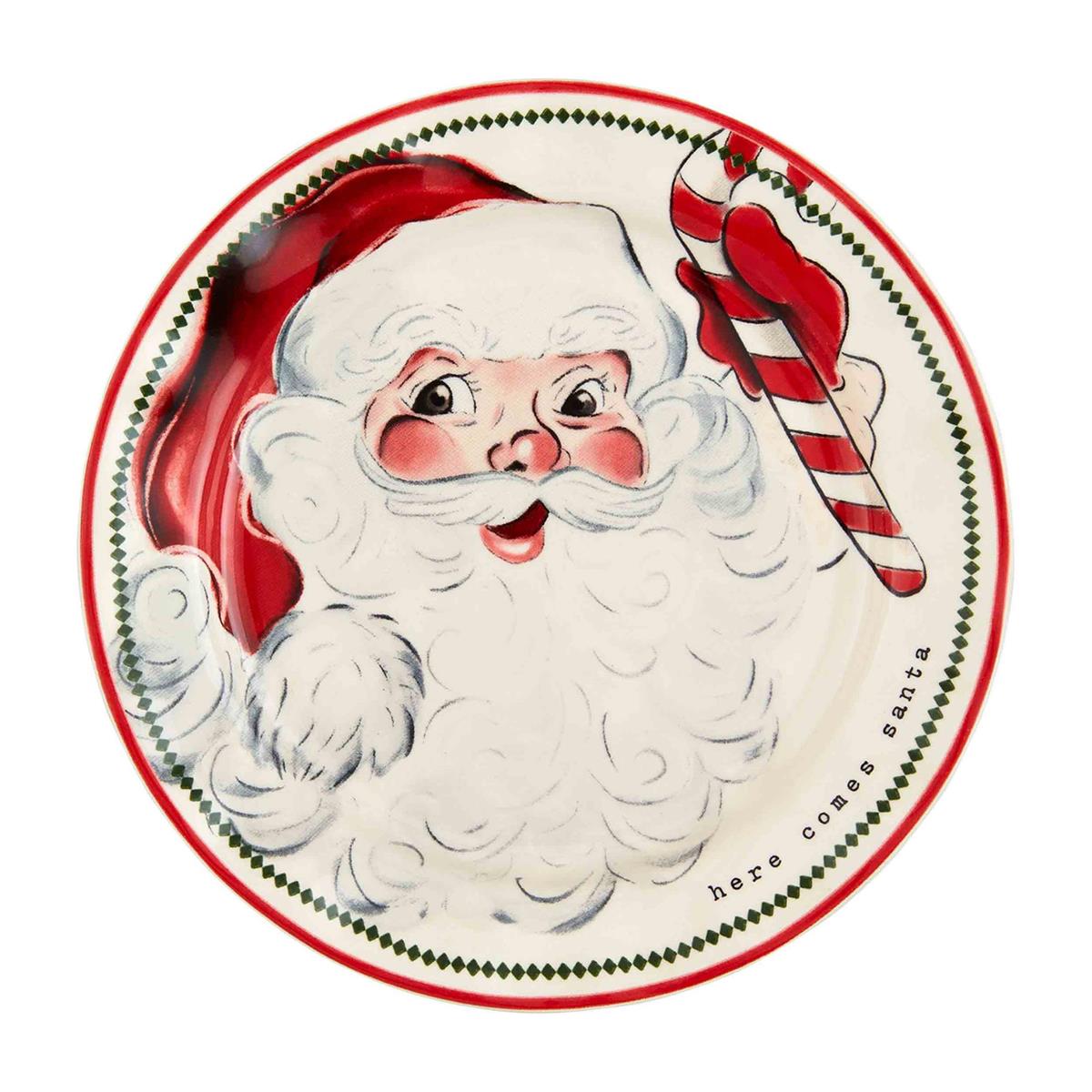 candy cane vintage santa salad plate has santa holding a large candy cane and displayed against a white background