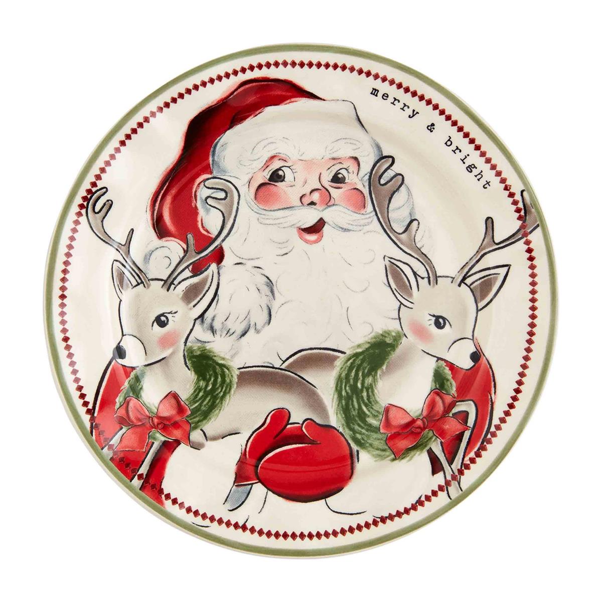 deer vintage santa salad plate has santa holding two reindeer and displayed against a white background