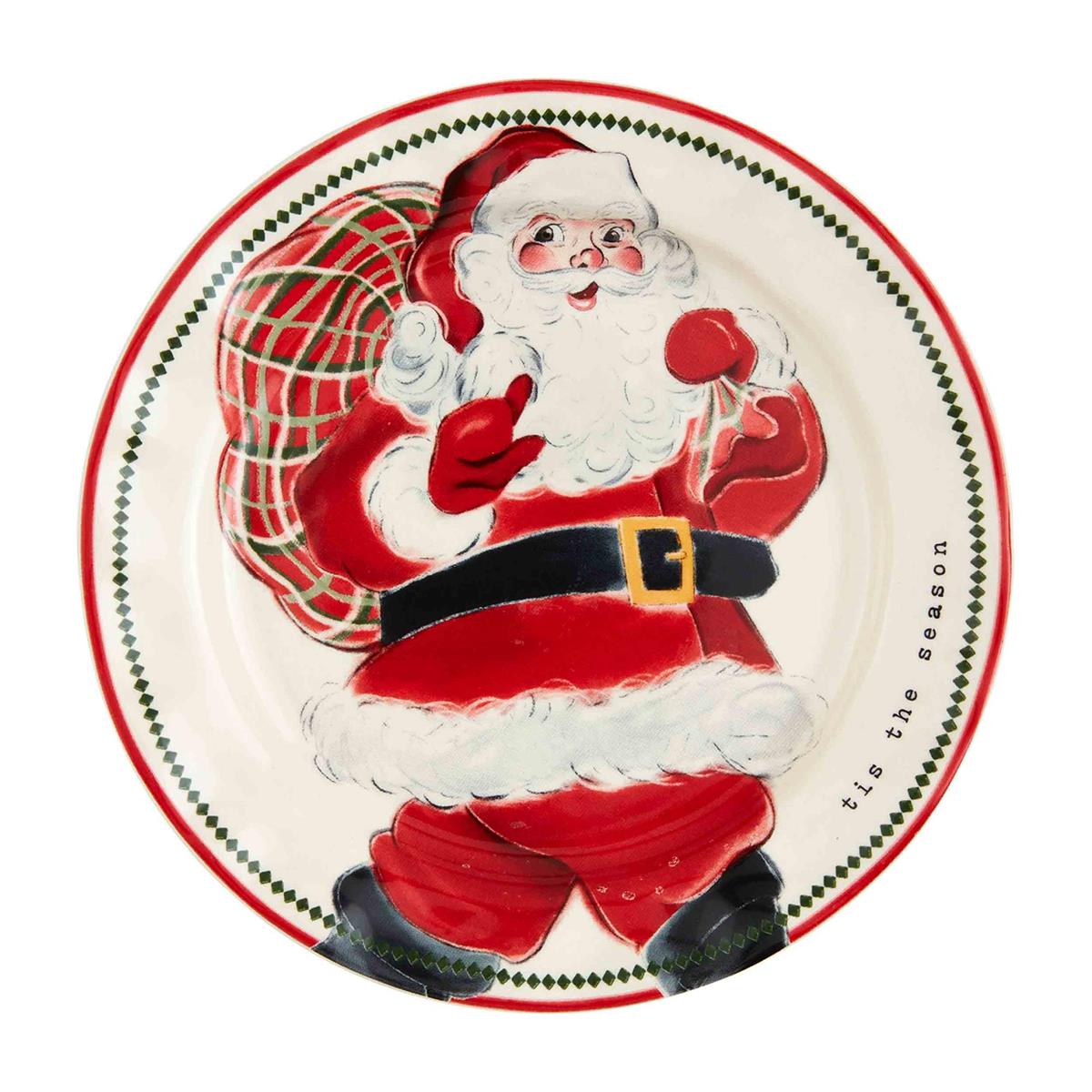 gift sack vintage santa salad plate has santa carrying a bag of gifts and displayed against a white background