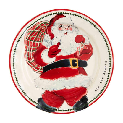 gift sack vintage santa salad plate has santa carrying a bag of gifts and displayed against a white background