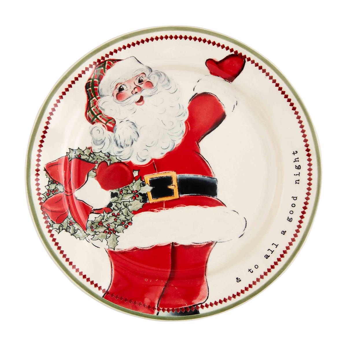 wreath vintage santa salad plate has santa holding a christmas wreath and  displayed against a white background