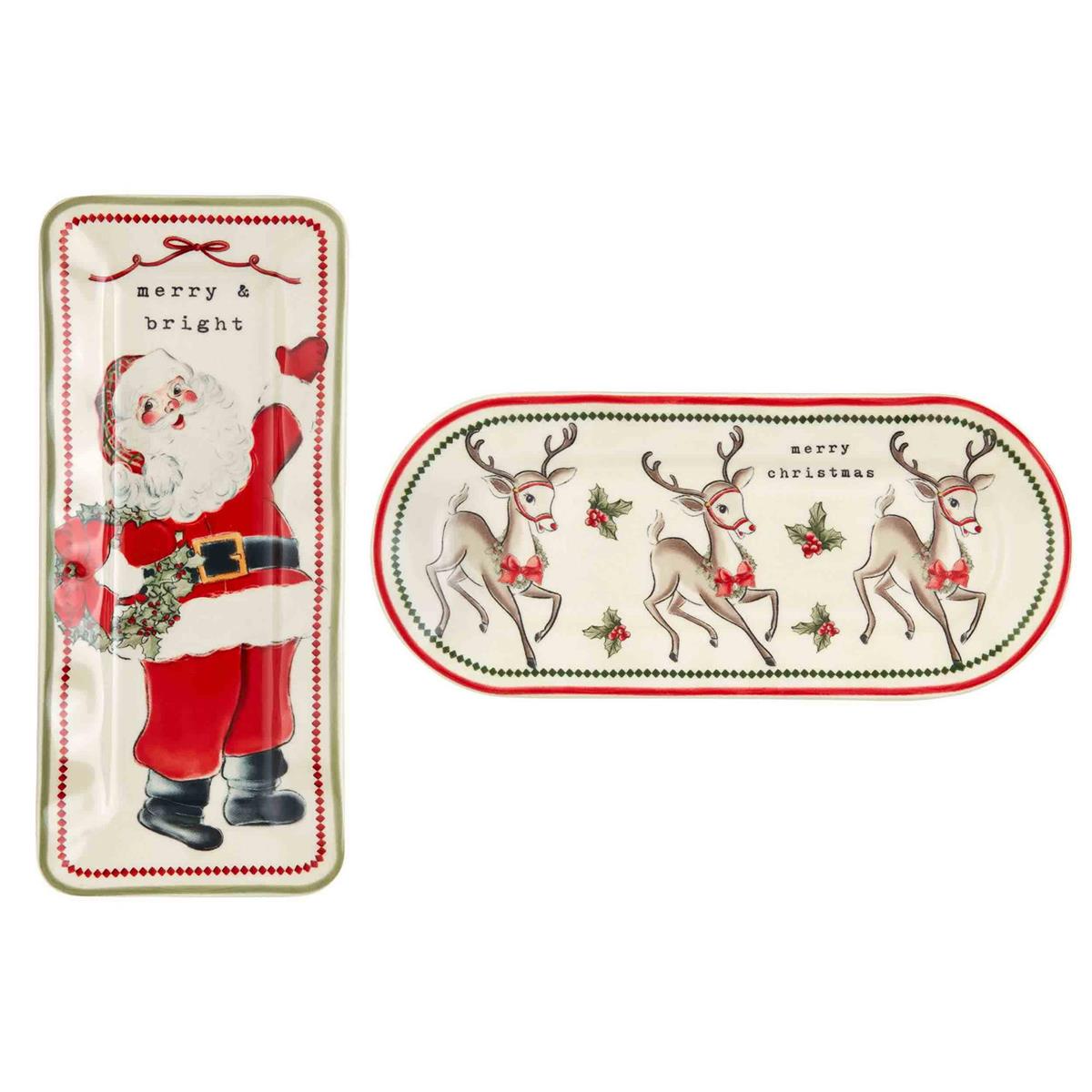 one rectangle santa plate and one oval reindeer plate displayed against a white background
