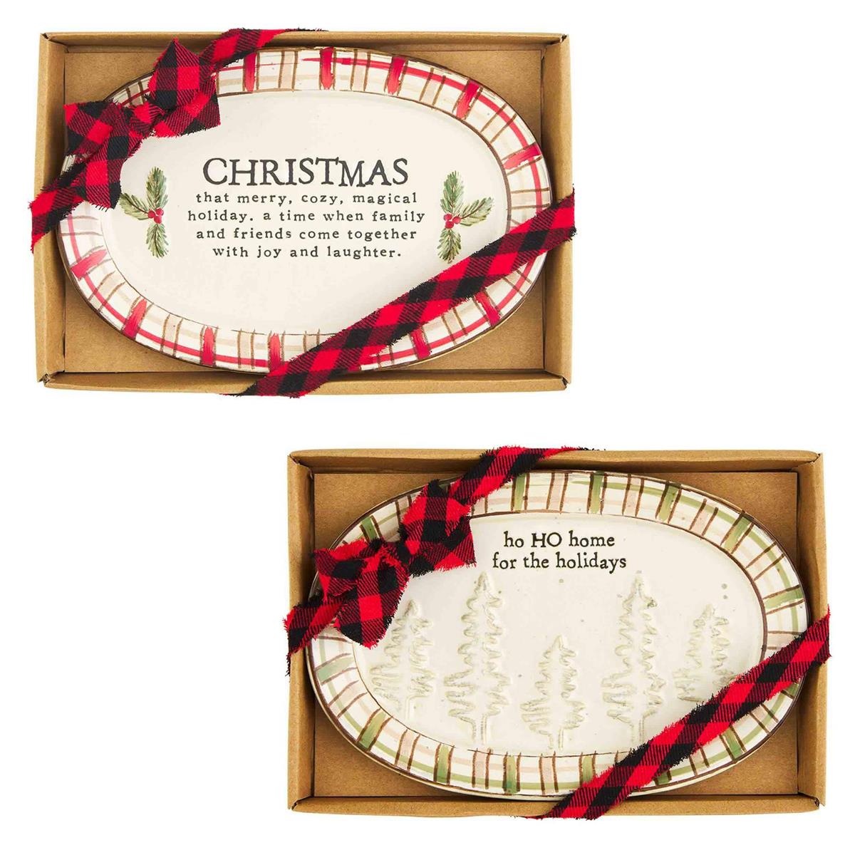 both styles of lodge sentiments plates displayed in their individual cardboard box wrapped in buffalo plaid ribbon and displayed against a white background