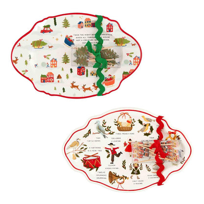 both styles of christmas plate and toothpick sets displayed against a white background