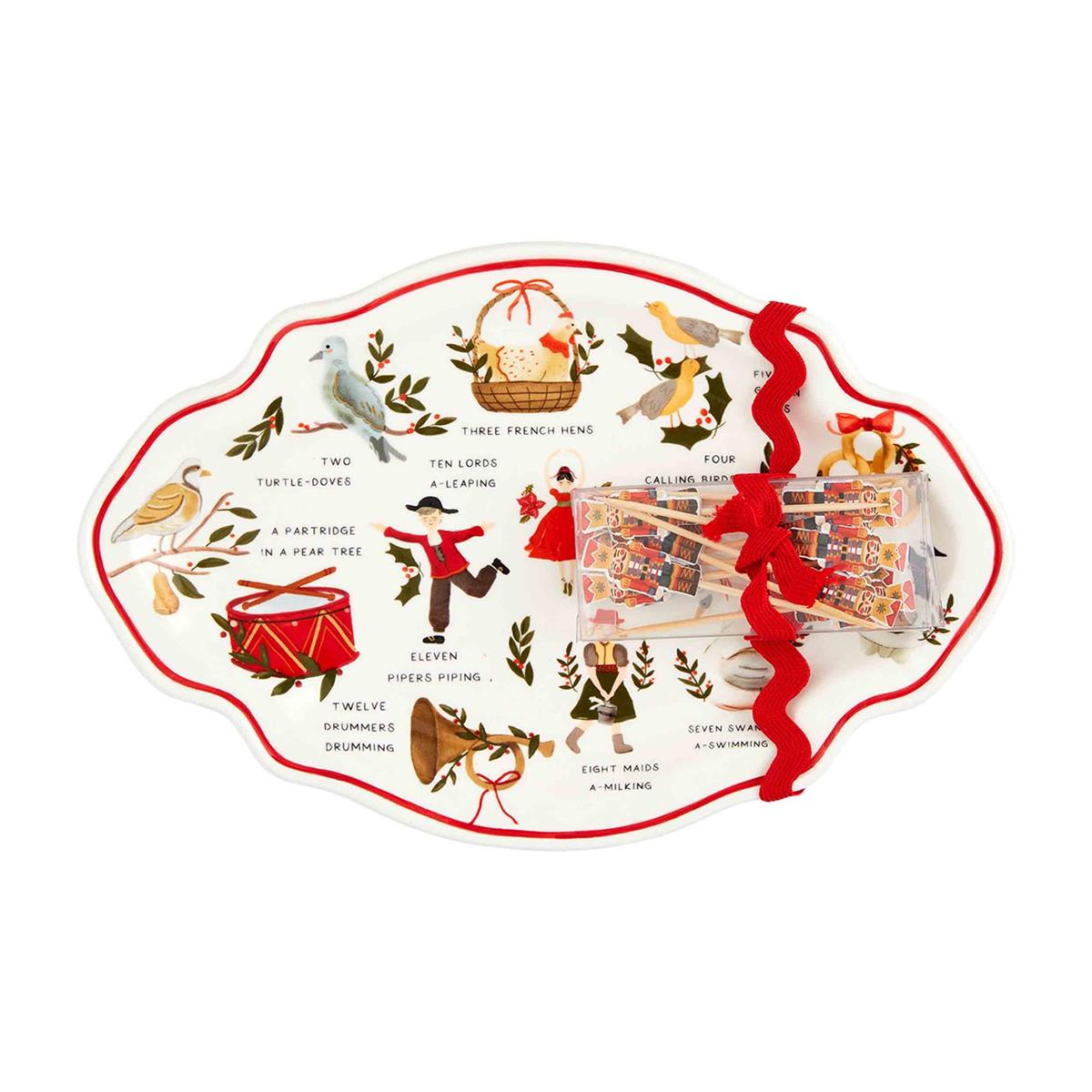 12 days christmas plate and toothpick set displayed against a white background