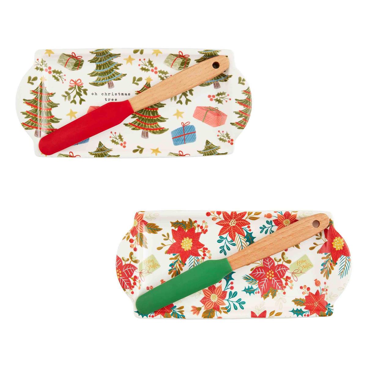 both styles of christmas pattern everything dish and spreader sets displayed against a white background