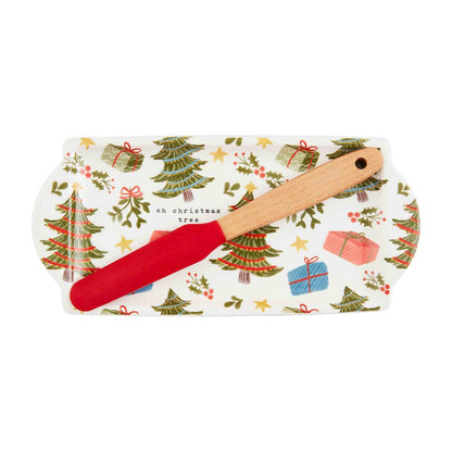 tree christmas pattern everything dish with red silicone spreader displayed against a white background