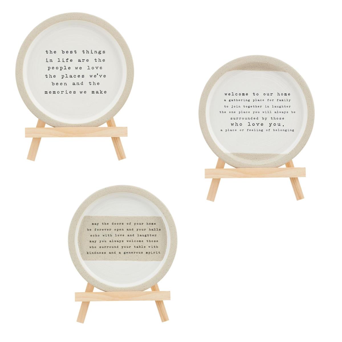 3 styles of sentiment plates on easels arranged on a white background.