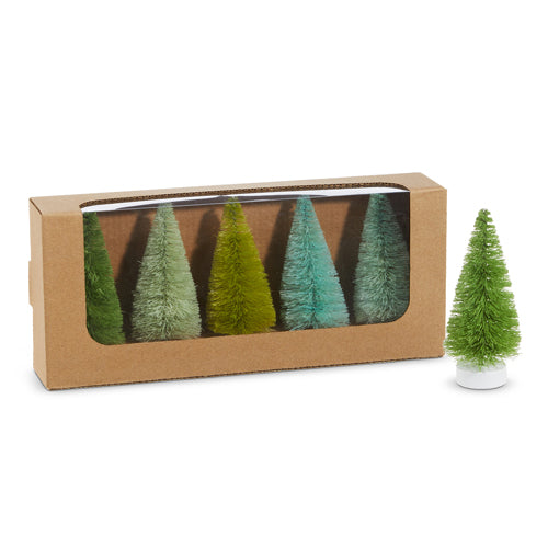 boxed set of bottle brush trees are green, blue, teal, and lime green against a white background