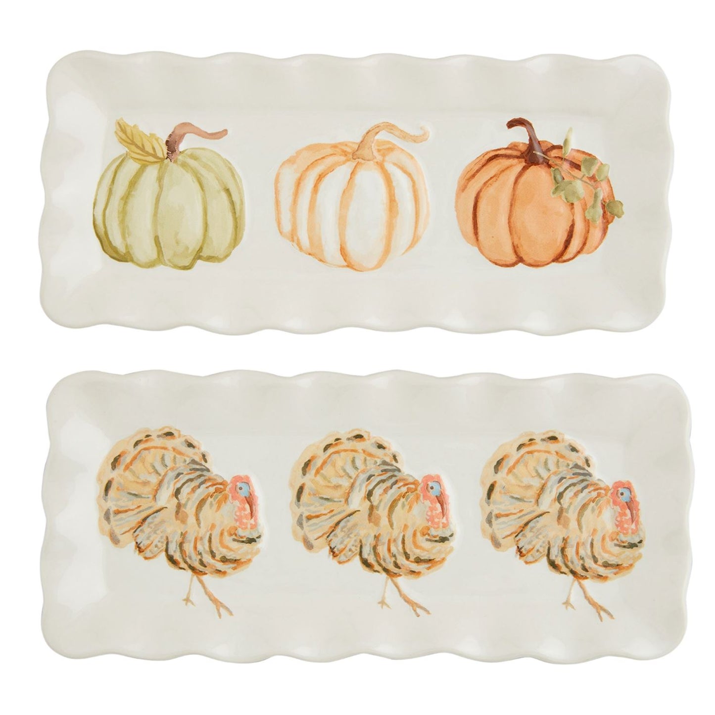 2 styles of little tray, one with 3 pumpkins and one with 3 turkeys painted on them.