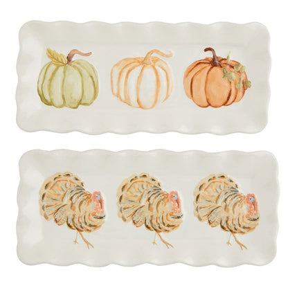 2 styles of little tray, one with 3 pumpkins and one with 3 turkeys painted on them.