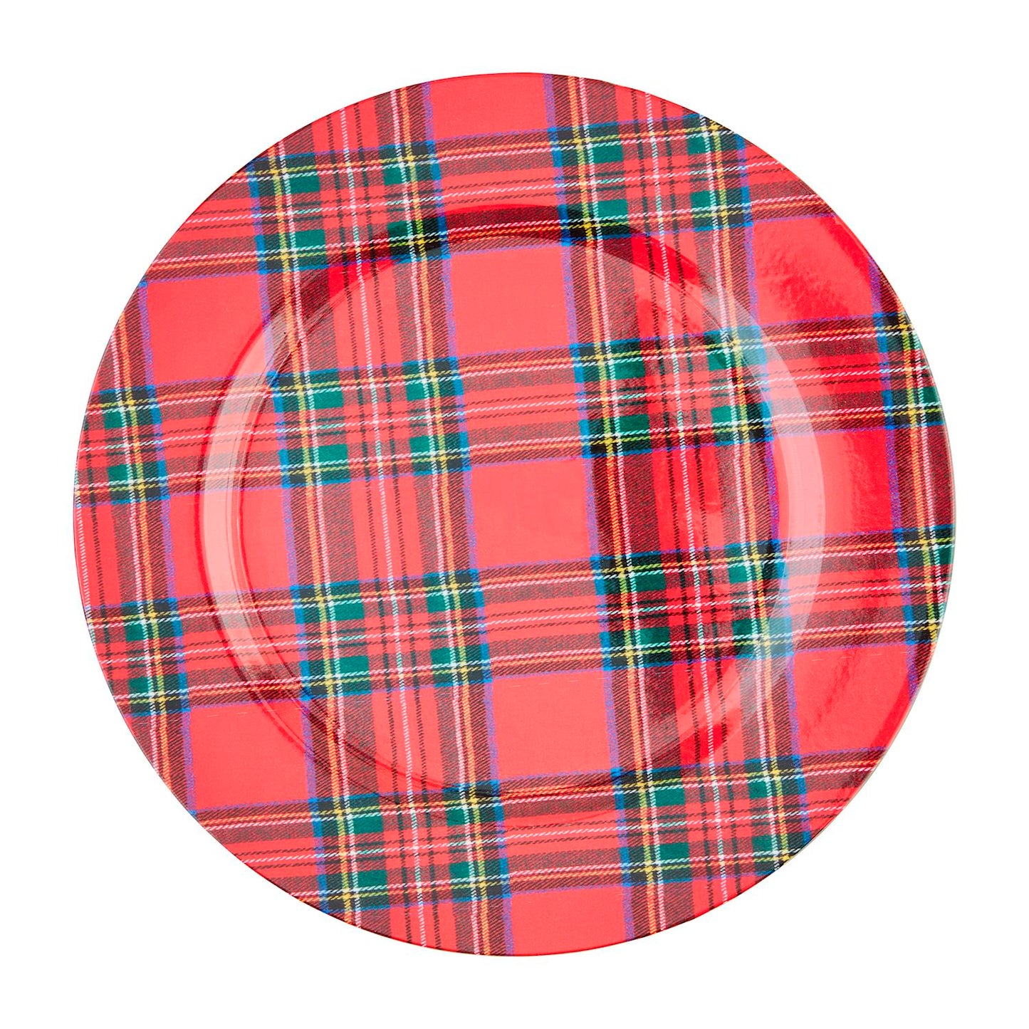 top view of a tartan charger shown on a white background.