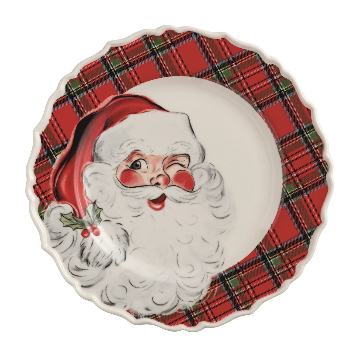 salad plate with tartan rim and Santa's face painted on it