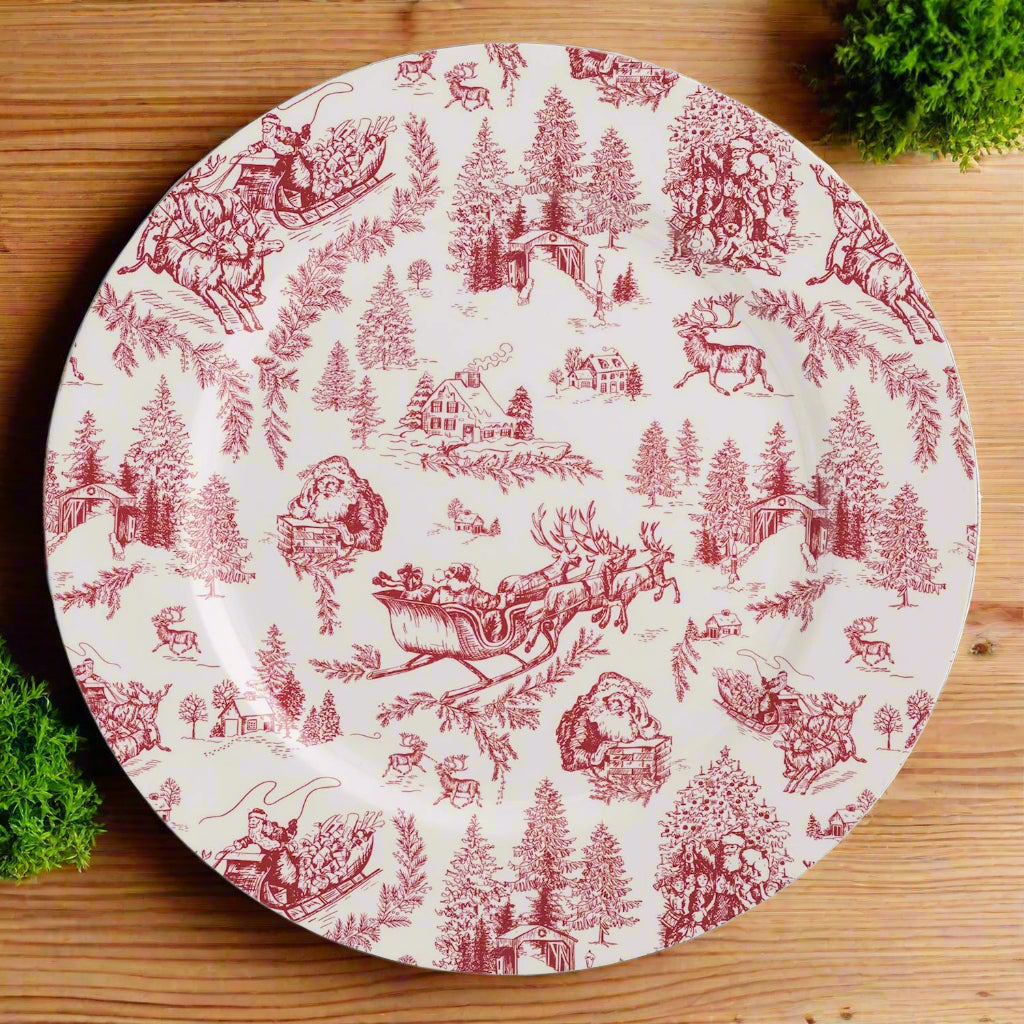 Round plate with red Christmas-themed pattern on a wood surface