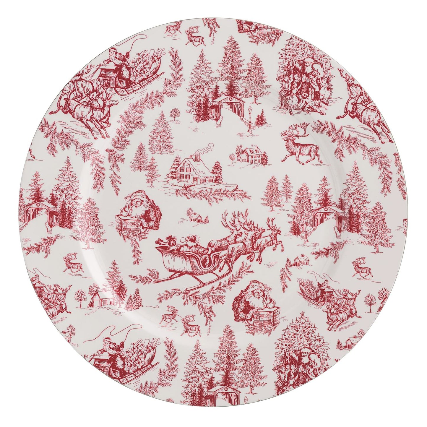 red and white toile charger