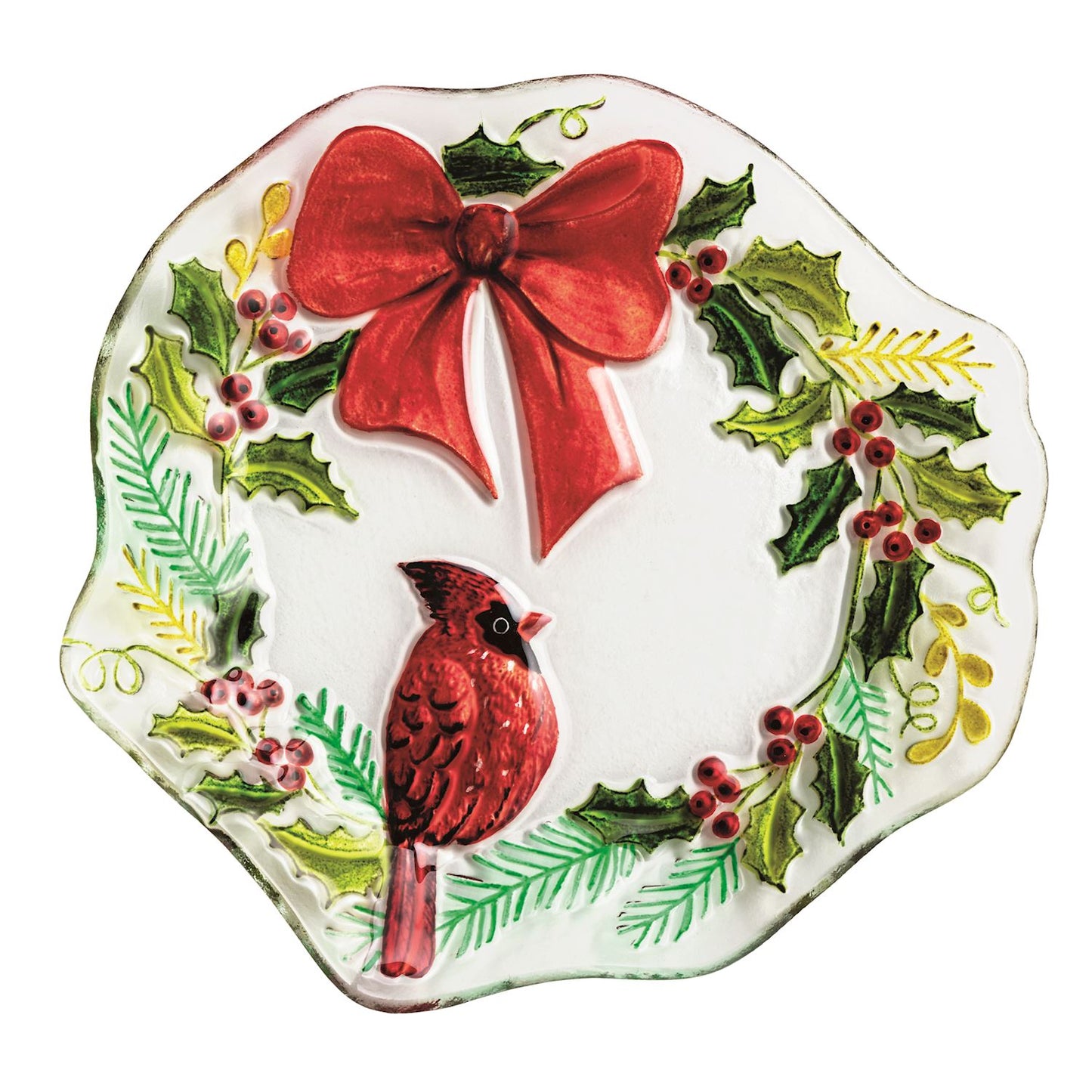 glass plate with a cardinal and bow on a wreath design painted on it shown on a white background