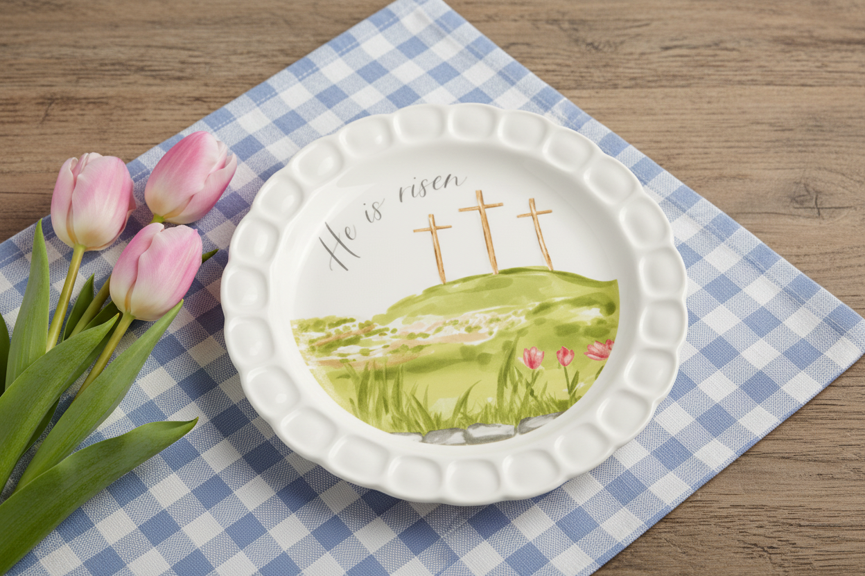 plate with landscape and "he is risen" on it set on a blue check cloth with pink pink tulips next to it