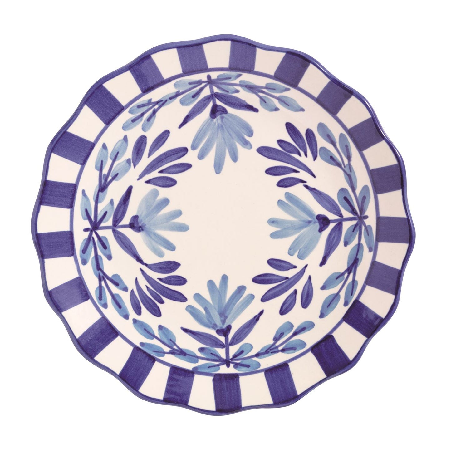 Decorative plate with blue leaf pattern and striped rim on a white background