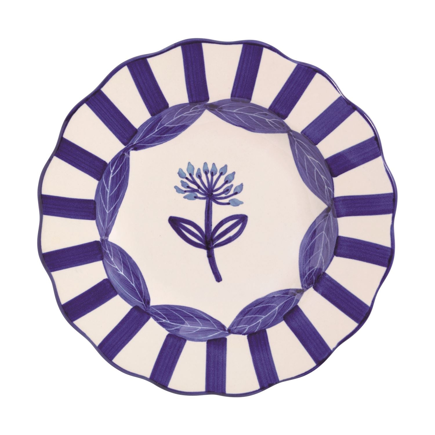 Decorative plate with blue stripes and single floral in center shown on a white background