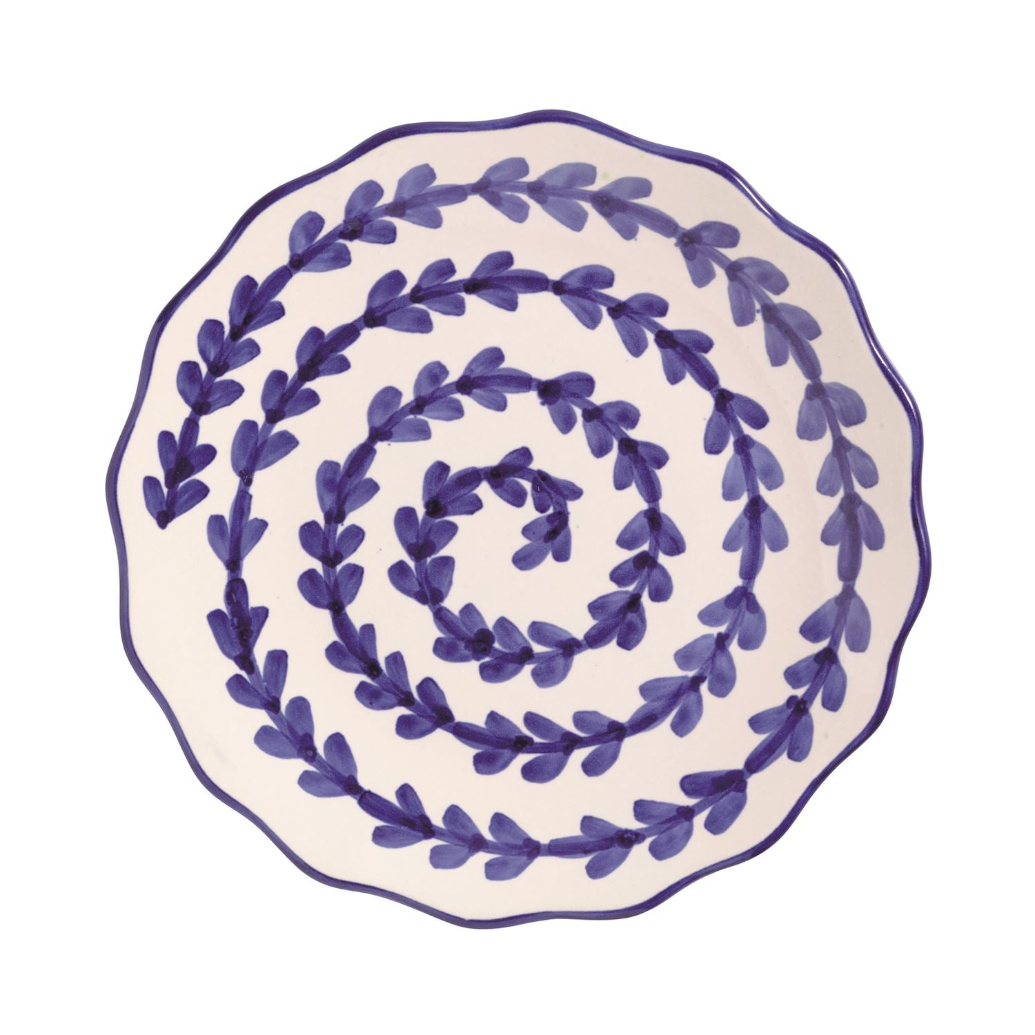 Decorative plate with blue leaf vining pattern on a white background