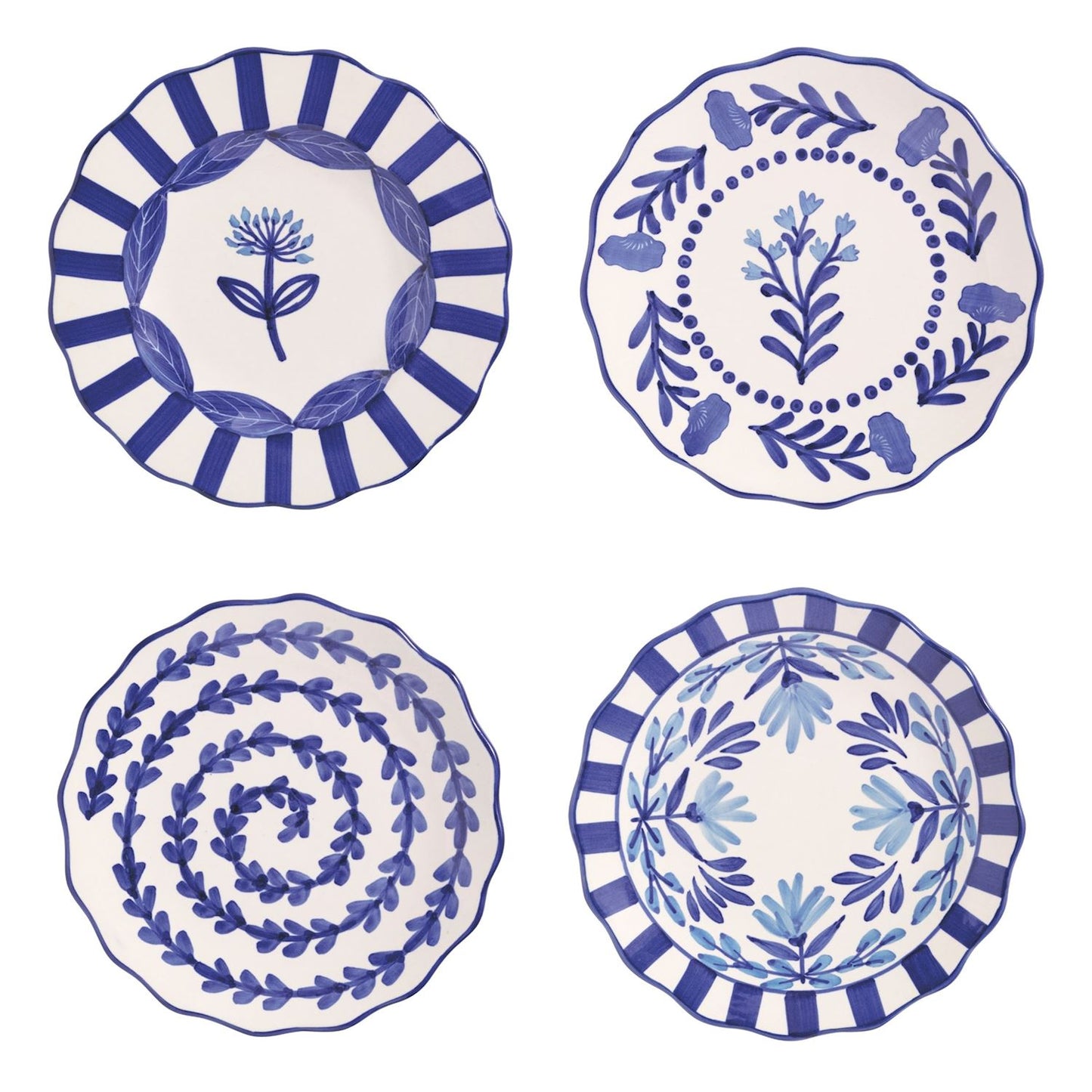 Four decorative plates with blue patterns on a white background