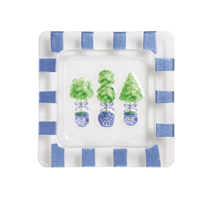 square glass plate with blue stripe edge and painted topiaries in the center