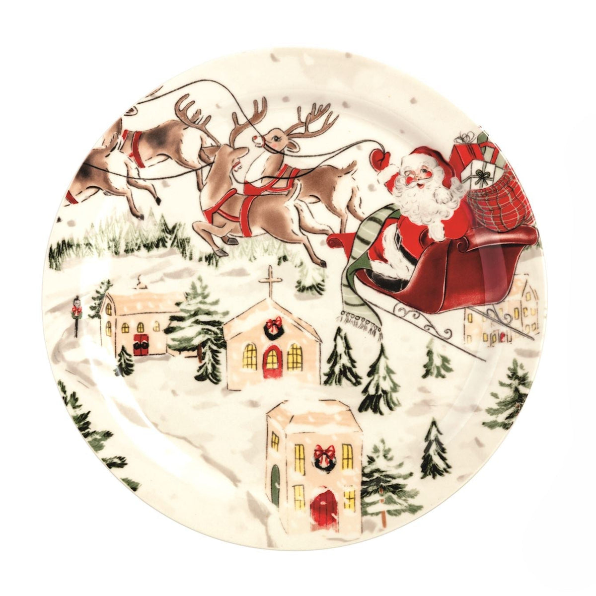 plate printed with scene of sants in his sleigh pulled by reindeer above a  snowy village