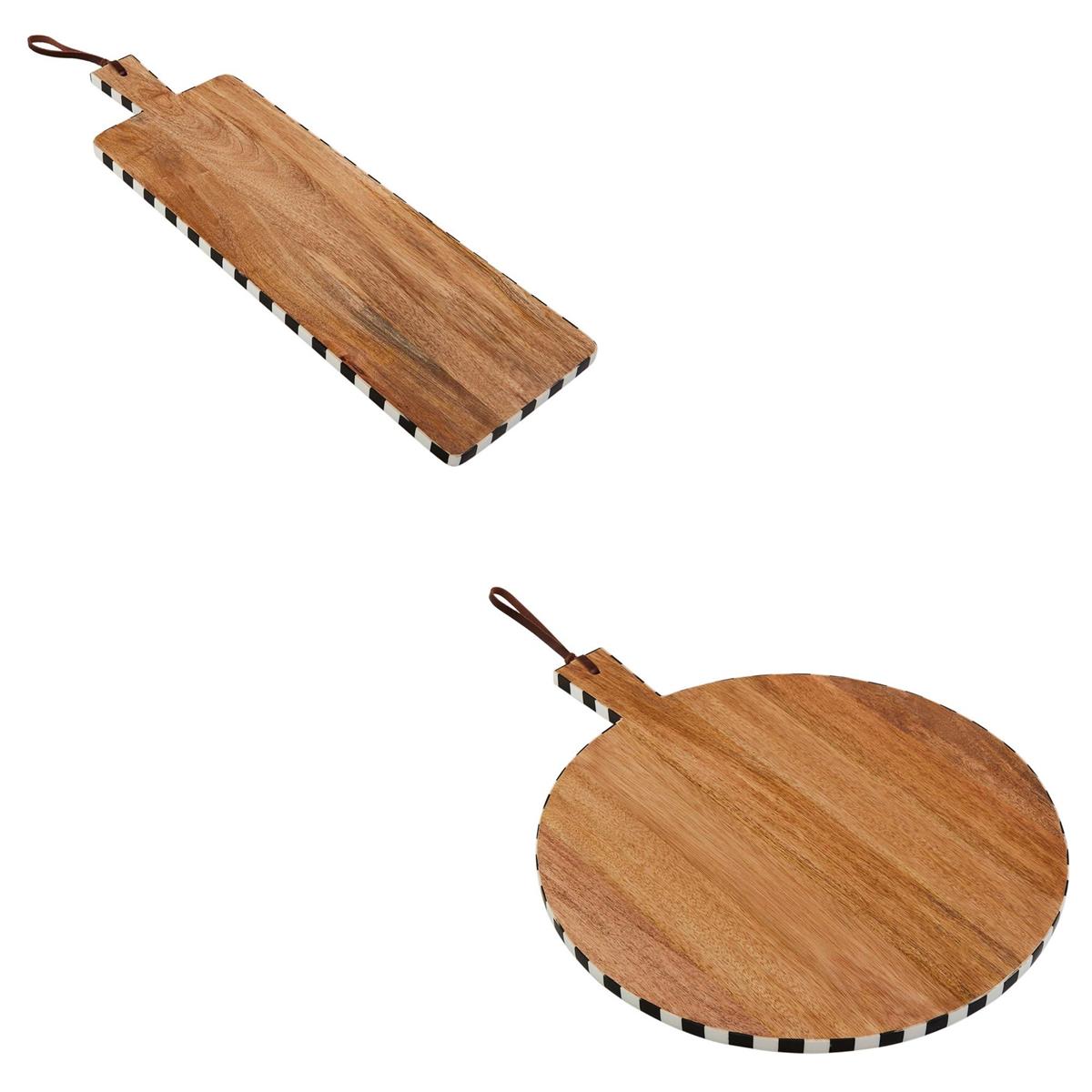 2 styles of mango wood boards with black and white check rims on a white background.